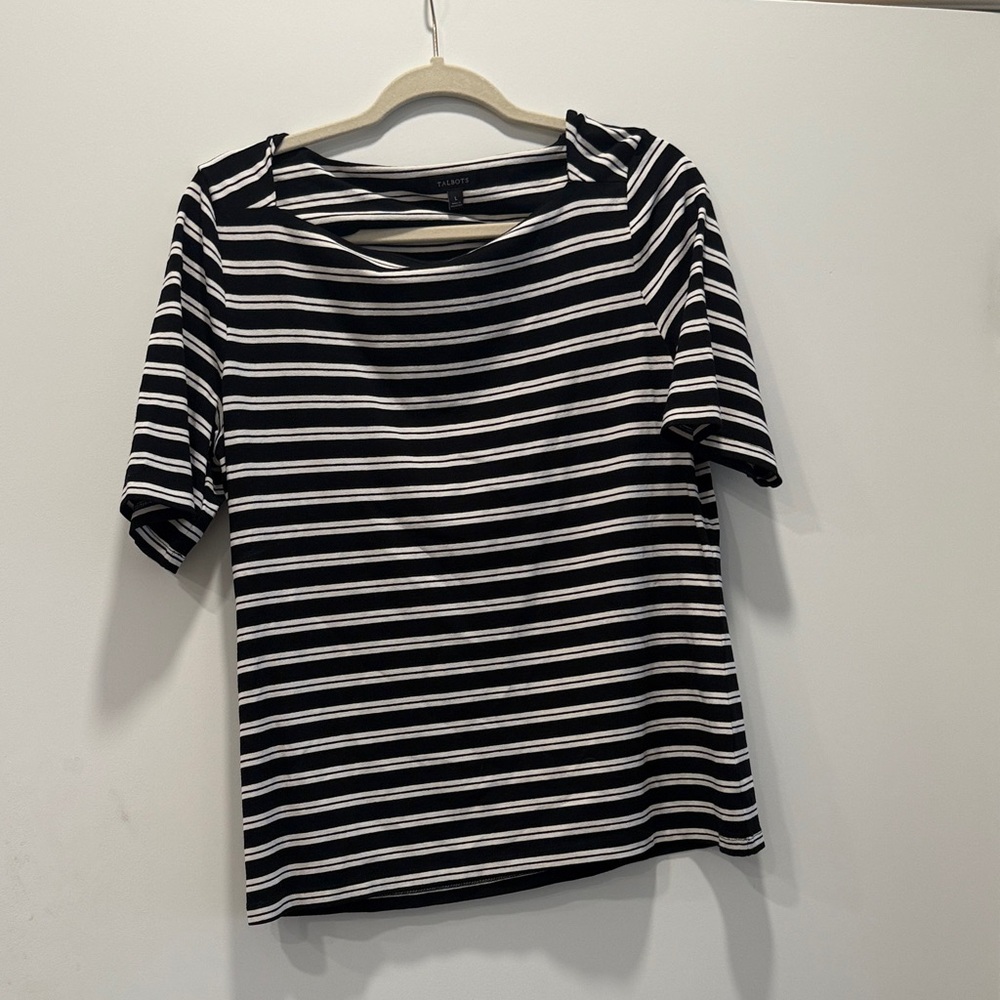 Talbots Navy and White Striped Short Sleeve Top